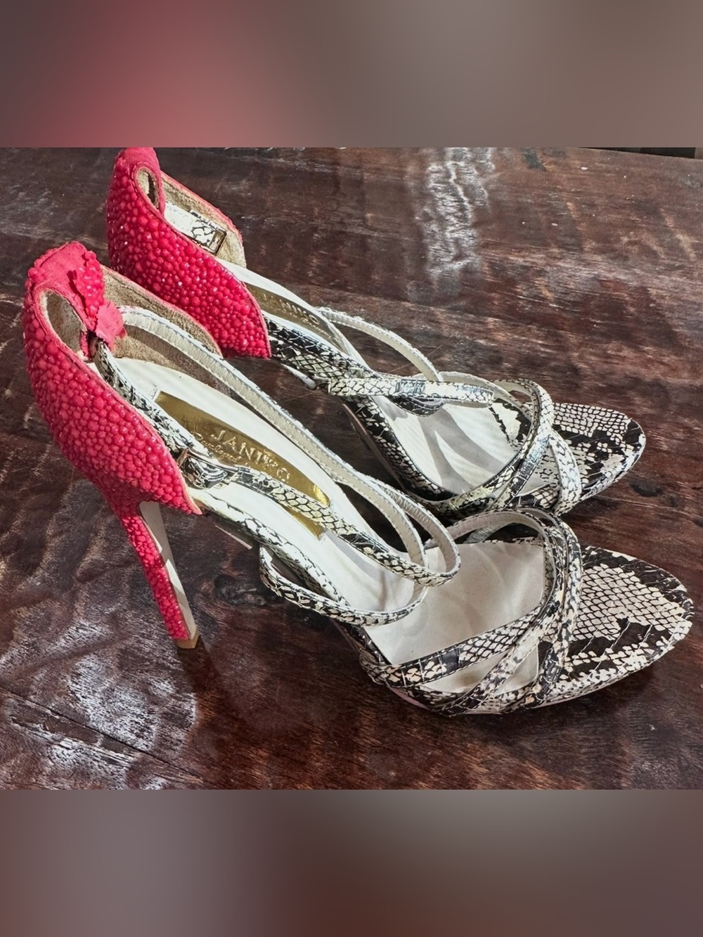 Janiko Red Beaded & Snake-Print Slingback‎ Heels size 41/10